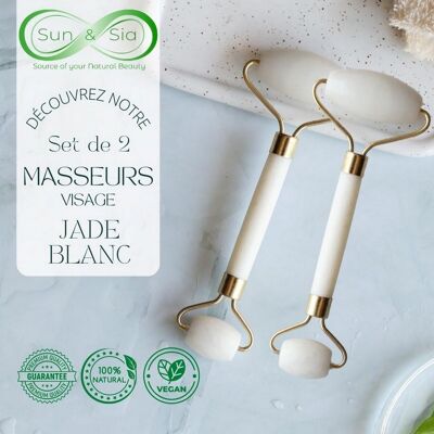 Set of 2 Roller Massagers - in White Jade Stone - Natural Tool and Face Massage - Well-Being Lift