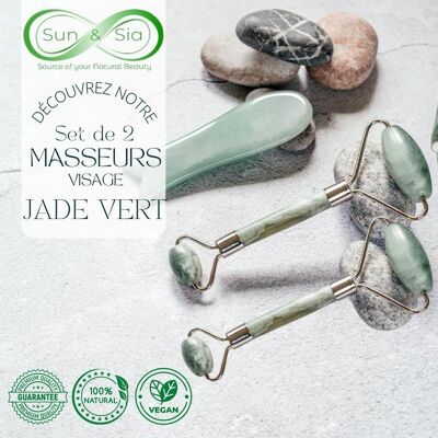 Set of 2 Roller Massagers - in Green Jade Stone - Natural Tool and Face Massage - Lifting Well-Being