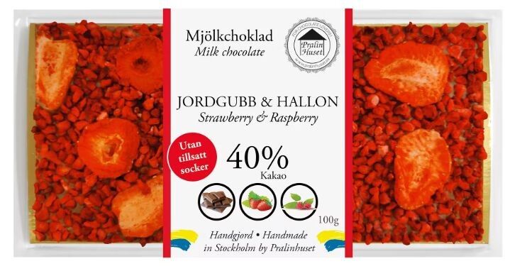 Cioccolato al latte 40% (senza zuccheri aggiunti) - Fragola e lamponi (100 g)