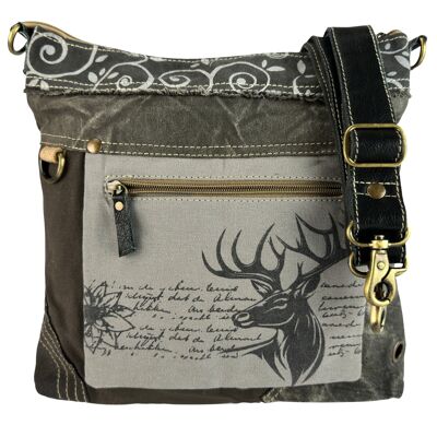 Sac traditionnel Domelo.Grand sac à bandoulière gris à motif cerf