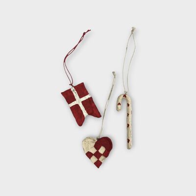 Ornament Set – Heart, Danish Flag & Candy Cane, Red Tones