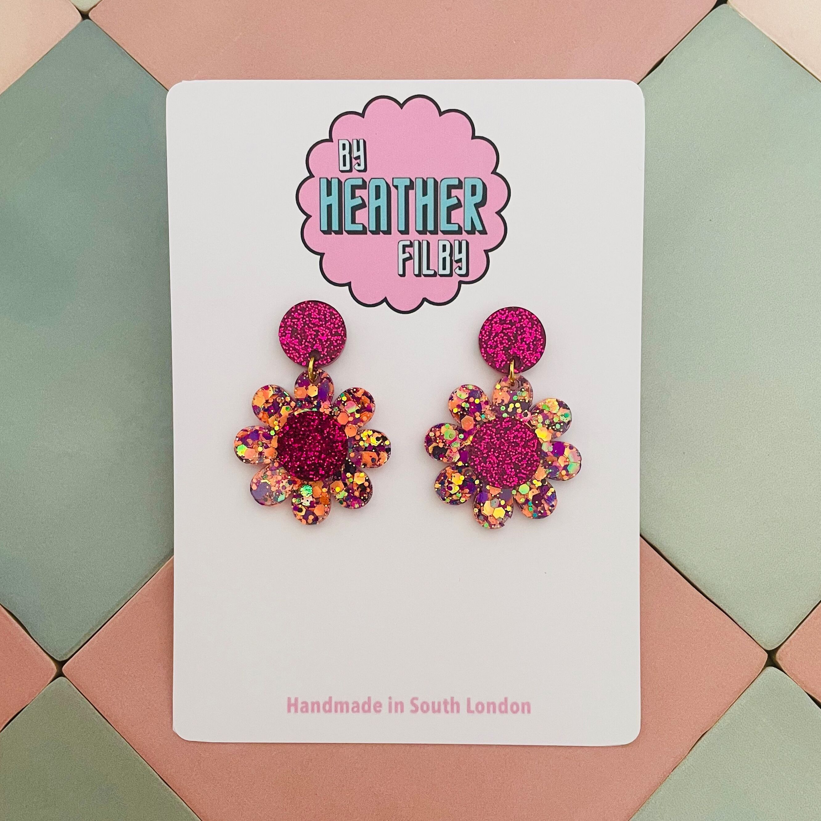 Hot Pink and Orange Daisy Flower Earrings