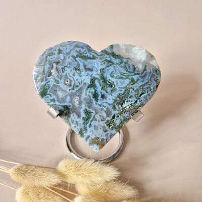Gemstone Druzy Moss Agate Heart on Metal Stand – #105 230grams