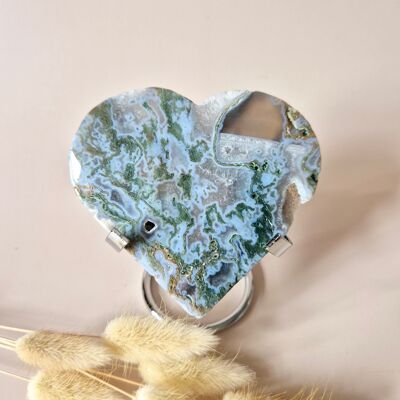 Gemstone Druzy Moss Agate Heart on Metal Stand – #108 256grams