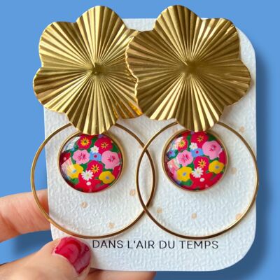 Grandes BOUCLES D'OREILLES Fleurs multicolores sur fond vert