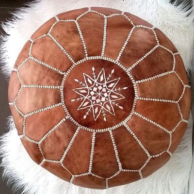 Tan Brown Moroccan Leather Ottoman Pouffe – Artisan Handmade in Morocco