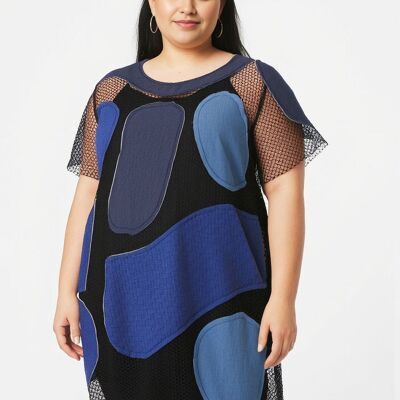 Tunique ajourée grande taille avec empiècement jean (C6553)