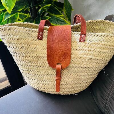Large French Market Basket – Handmade Moroccan Straw Bag with Leather Handles