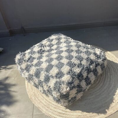 Handmade Checkered Wool Pouf – Grey & White