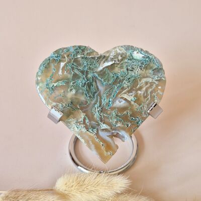 Gemstone Druzy Moss Agate Heart on Metal Stand – #114 153grams