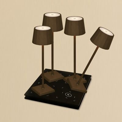 Ensemble combiné professionnel – 4 lampes de table rechargeables Wouter marron moka et 1 station de charge sans fil Amstel avec technologie Qi – Idéal pour les restaurants, l'hôtellerie et les hôtels