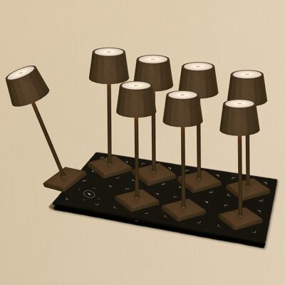 Ensemble combiné professionnel – 8 lampes de table rechargeables Wouter marron moka et 1 station de charge sans fil centrale avec technologie Qi – Idéal pour les restaurants, l'hôtellerie et les hôtels