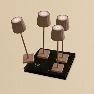 Ensemble combiné professionnel – 4 lampes de table rechargeables Wouter Koala Brown et 1 station de charge sans fil Amstel avec technologie Qi – Idéal pour les restaurants, l'hôtellerie et les hôtels