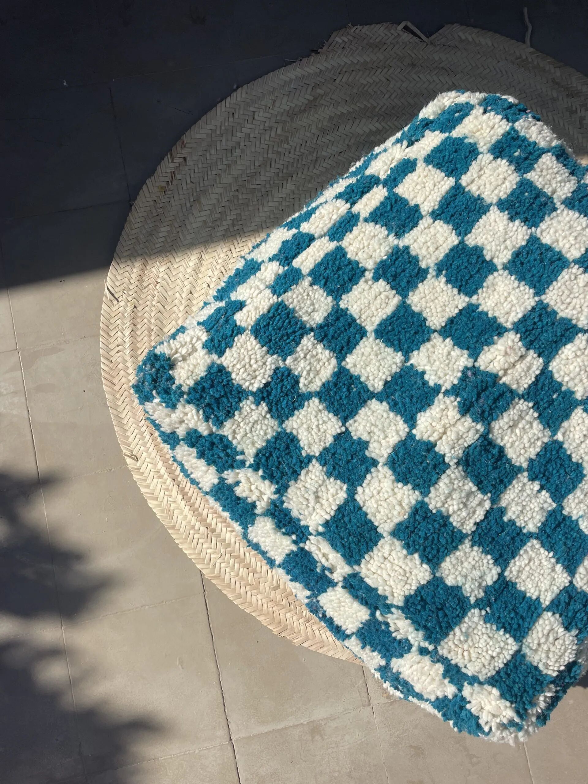 Duck Blue & White Checkered Wool Pouf