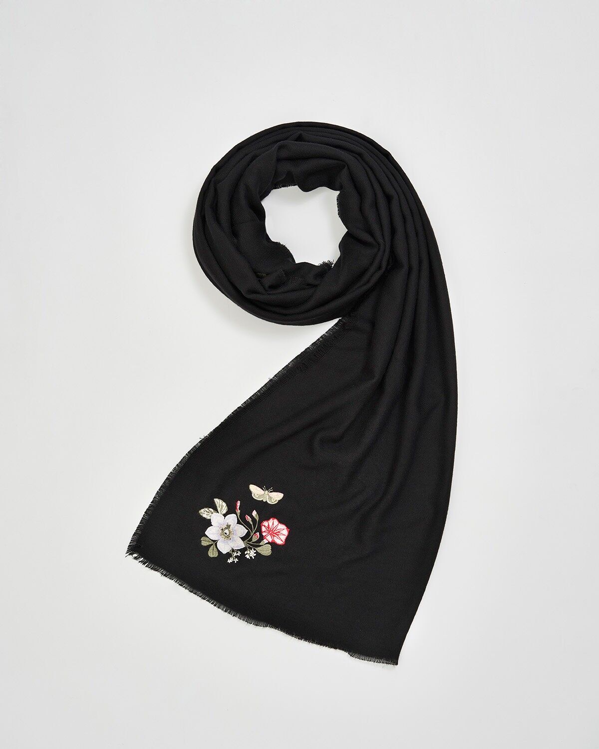 FABLE Floral Embroidered Black Pashmina Scarf