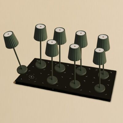 Combi Set Professional – 8 x Maya Olive Green Rechargeable Table Lamps & 1 x Central Station Wireless Charging Station with Qi-Technology – Perfect for Restaurants, Hospitality & Hotels