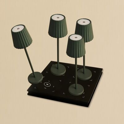 Ensemble combiné professionnel – 4 lampes de table rechargeables Maya vert olive et 1 station de charge sans fil Amstel avec technologie Qi – Idéal pour les restaurants, l'hôtellerie et les hôtels
