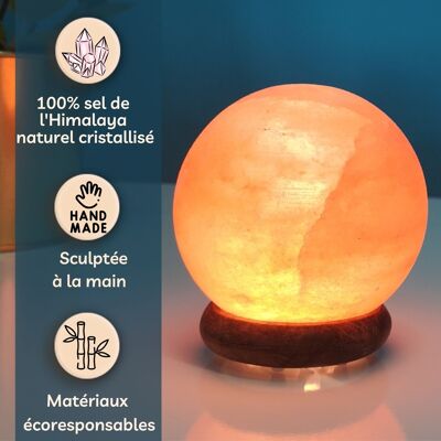 Lámpara Esfera USB Cristal Sal del Himalaya – Base Madera – Objeto Decorativo