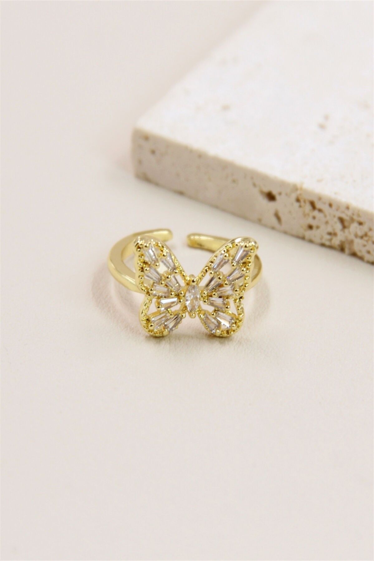 Bague Ajustable Papillon Ornée de Strass en Acier Inoxydable