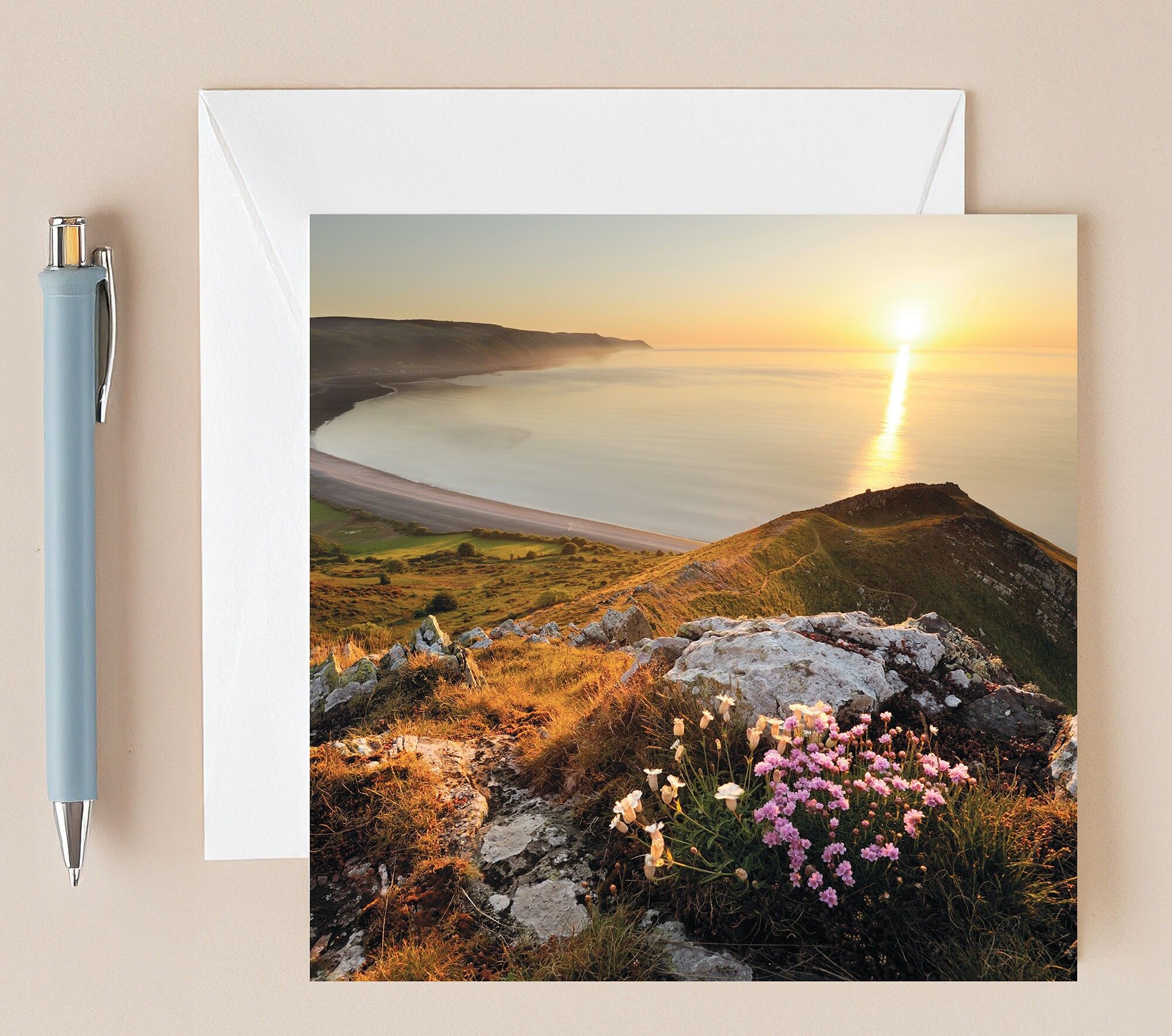 Grußkarte zur Küste von Somerset – Sonnenuntergang über der Porlock Bay, Foto