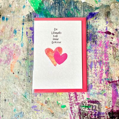 Folding card for weddings, Valentine's Day, with envelope "lovers are always winners"