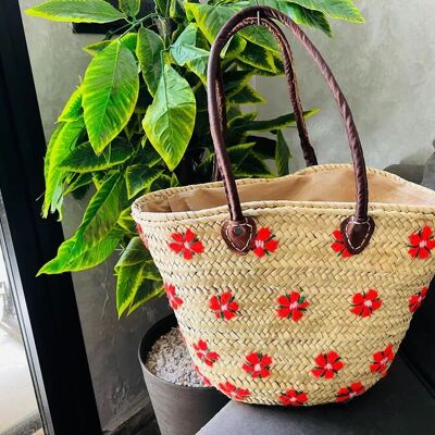 Bolso de paja marroquí natural – Cesta de mercado francesa con asas de cuero vegano