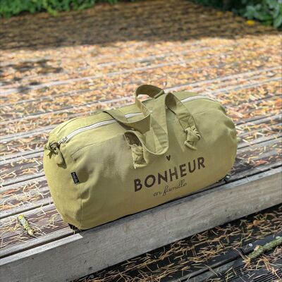 Sac Polochon "Bonheur en Famille" vert olive