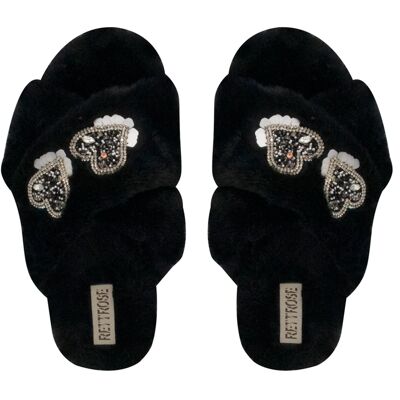 Chaussons Katie Black en peluche de luxe ornés de cœurs en strass faits à la main