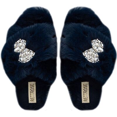 Pantofola di lusso Fefe Navy in peluche con strass, fatta a mano