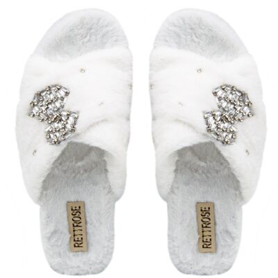Pantofola di lusso Fefe Cream in peluche decorata con strass e realizzata a mano