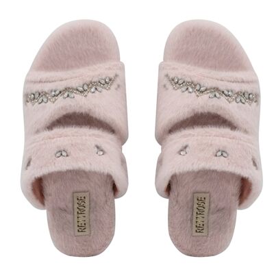Pantofola di lusso Abbie Dusky Pink in peluche con strass, fatta a mano