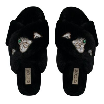 Pantofola di lusso nera Emmy in peluche con strass, fatta a mano