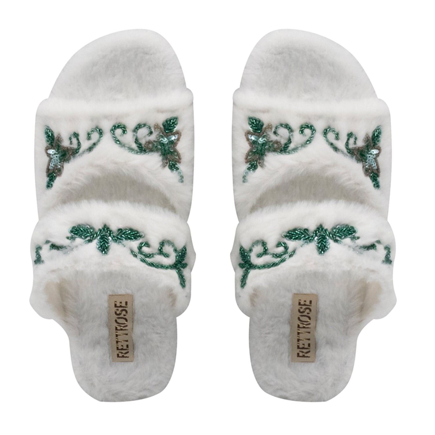 Elkie – Cremefarbener, luxuriöser, mit Strasssteinen verzierter, handgefertigter Plüsch-Hausschuh