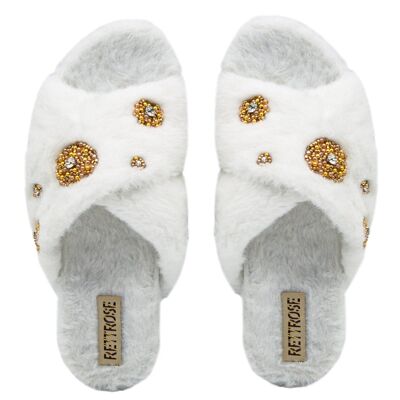 RETTROSE Juliette, pantofole bianche di lusso da donna - Pantofole da interno in pelliccia sintetica fatte a mano con fiocco di strass | Calzature eleganti da salotto