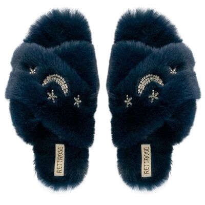 Chaussons Isabel bleu marine en peluche faits main avec ornements en diamants lune et étoile