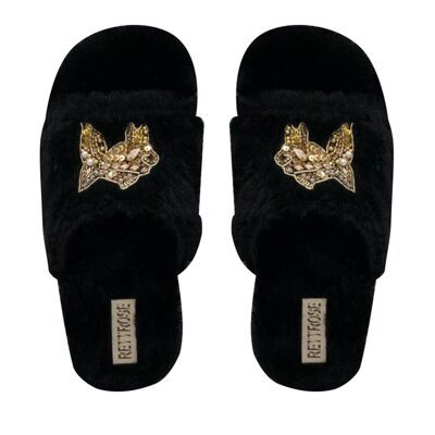 Mae Black Luxury Plush Diamanté Embellished Handmade Slipper