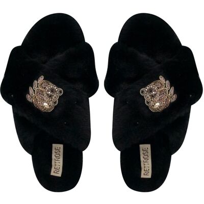 Pantofola di lusso nera Ember in peluche con strass, fatta a mano