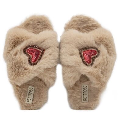 Pantuflas de piel sintética de lujo RETTROSE Amour Mink beige para mujer: calzado de interior de felpa hecho a mano con adorno de corazón de strass