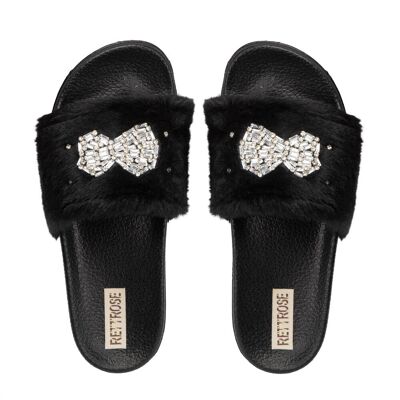 Claquettes Ava Noir de luxe faites main pour femme – Fausse fourrure, semelle en caoutchouc confortable, nœud orné de strass