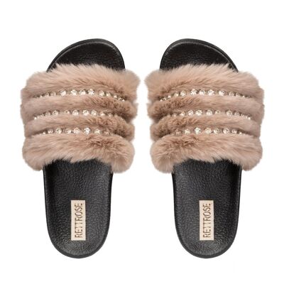 RETTROSE Anita Mink Mules/Chaussons de luxe pour femmes – Pantoufles/Chaussons en fausse fourrure ornés à la main avec semelle noire et fausse fourrure beige, détails en strass par RETTROSE
