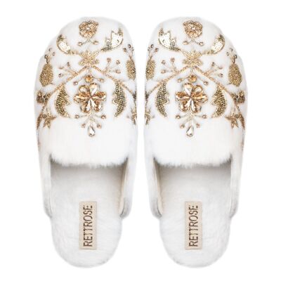 Pantofole da donna Annie Cream Luxury fatte a mano - Con parte anteriore rivestita in pelliccia sintetica, comode, impreziosite da strass bianchi e crema