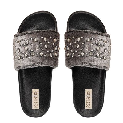 Ciabatte da donna Sienna, fatte a mano, in pelliccia sintetica di lusso, nere e antracite, con strass, comode e comode.