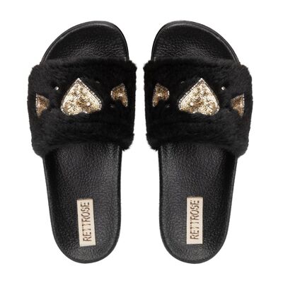 Ciabatte nere fatte a mano con diamanti di lusso Ella Noir per donna - Pelliccia sintetica, comoda suola in gomma, da indossare tutti i giorni