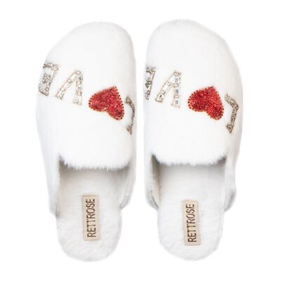 RETTROSE Pantofole di lusso da donna Anastasia Cream - Pantofole fatte a mano in pelliccia sintetica bianca con applicazione di strass Love | RETTROSE