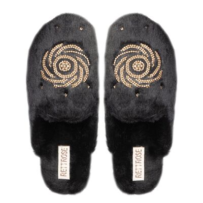 Pantofole da donna Morgan Noir, fatte a mano, in pelliccia sintetica nera di lusso, comode e decorate con strass