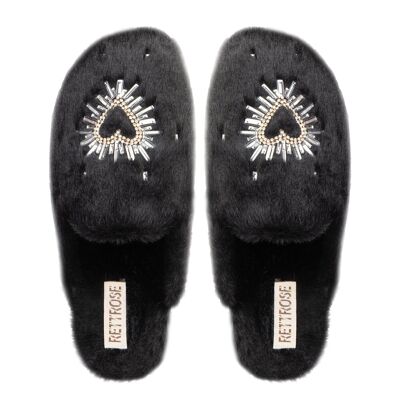 Chaussons confortables en fausse fourrure noire de luxe Noelle, ornés de cœurs et de strass, faits main pour femmes