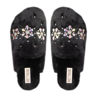 RETTROSE Kamila Pantofole di lusso da donna nere - Pantofole in pelliccia sintetica fatte a mano con decorazioni di strass di RETTROSE
