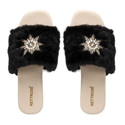 Pantuflas de lujo negras para mujer RETTROSE Taylor: chanclas de piel sintética hechas a mano con adornos de strass | Calzado cómodo y afelpado para interiores