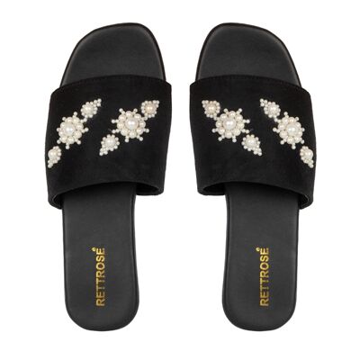 Sandali da donna Annie in pelle nera di lusso, comodi e fatti a mano, decorati con diamanti