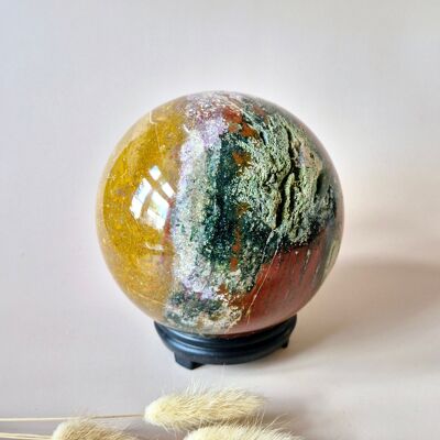 Boule de jaspe océanique XL sur support – 125 mm 2 420 g – Terreux et apaisant